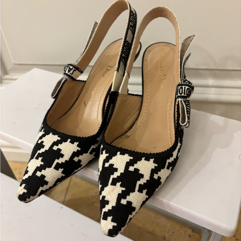 Dior Black & White Houndstooth Pointed Slingback Pumps